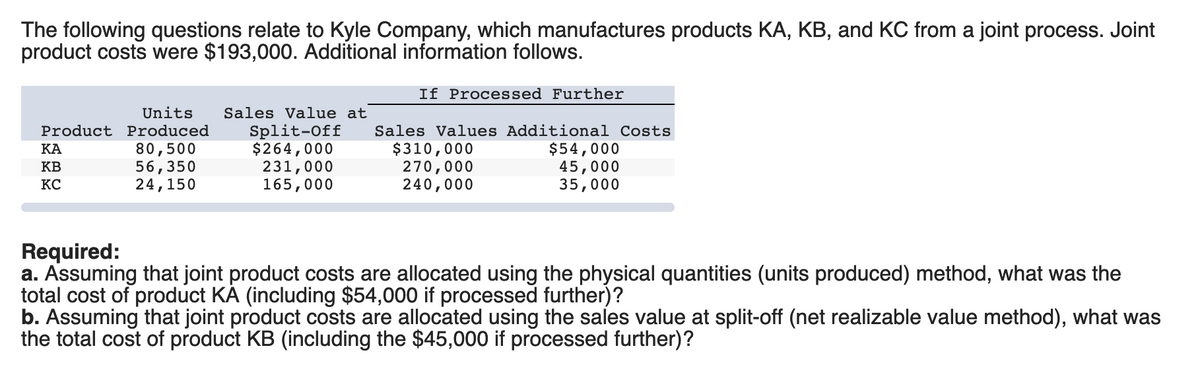 The following questions relate to Kyle Company, which manufactures products KA, KB, and KC from a joint process. Joint
product costs were $193,000. Additional information follows.
If Processed Further
Units
Sales Value at
Split-Off
$264,000
231,000
165,000
Product Produced
Sales Values Additional Costs
80,500
56,350
24,150
$310,000
270,000
240,000
$54,000
45,000
35,000
КА
KB
KC
Required:
a. Assuming that joint product costs are allocated using the physical quantities (units produced) method, what was the
total cost of product KÁ (including $54,000 if processed further) ?
b. Assuming that joint product costs are allocated using the sales value at split-off (net realizable value method), what was
the total cost of product KB (including the $45,000 if processed further)?
