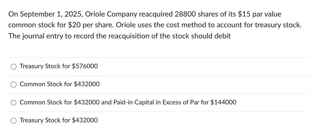 On September 1, 2025, Oriole Company reacquired 28800 shares of its $15 par value
common stock for $20 per share. Oriole uses the cost method to account for treasury stock.
The journal entry to record the reacquisition of the stock should debit
○ Treasury Stock for $576000
Common Stock for $432000
Common Stock for $432000 and Paid-in Capital in Excess of Par for $144000
Treasury Stock for $432000