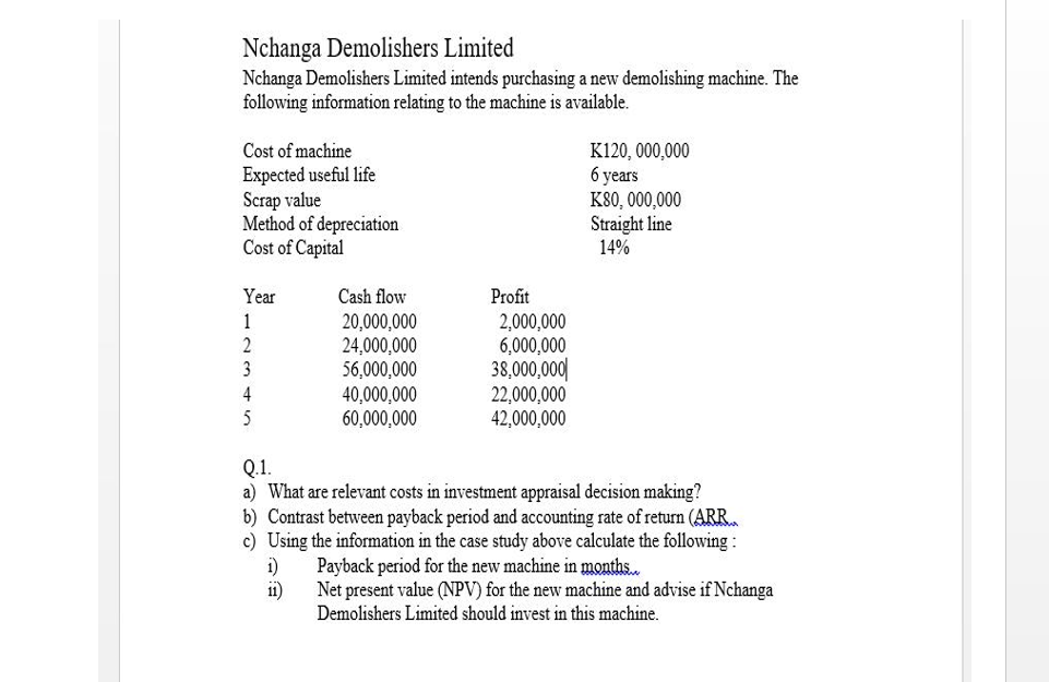 Nchanga Demolishers Limited
Nchanga Demolishers Limited intends purchasing a new demolishing machine. The
following information relating to the machine is available.
Cost of machine
Expected useful life
Scrap value
Method of depreciation
Cost of Capital
K120, 000,000
6 years
K80, 000,000
Straight line
14%
Profit
2,000,000
6,000,000
38,000,000|
22,000,000
42,000,000
Year
Cash flow
1
20,000,000
24,000,000
56,000,000
40,000,000
60,000,000
3
5
Q1.
a) What are relevant costs in investment appraisal decision making?
b) Contrast between payback period and accounting rate of return (ARR
c) Using the information in the case study above calculate the following :
i)
Payback period for the new machine in months.
ii)
Net present value (NPV) for the new machine and advise if Nchanga
Demolishers Limited should invest in this machine.
