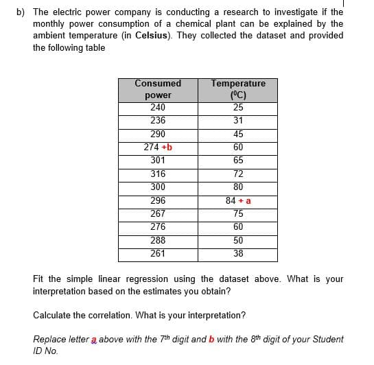 b) The electric power company is conducting a research to investigate if the
monthly power consumption of a chemical plant can be explained by the
ambient temperature (in Celsius). They collected the dataset and provided
the following table
Consumed
power
240
Temperature
(°C)
25
236
31
290
45
274 +b
301
60
65
316
72
300
80
296
84 + a
267
75
276
60
288
50
261
38
Fit the simple linear regression using the dataset above. What is your
interpretation based on the estimates you obtain?
Calculate the correlation. What is your interpretation?
Replace letter a above with the 7th digit and b with the 8th digit of your Student
ID No.
