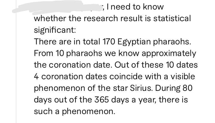 ;I need to know
whether the research result is statistical
significant:
There are in total 170 Egyptian pharaohs.
From 10 pharaohs we know approximately
the coronation date. Out of these 10 dates
4 coronation dates coincide with a visible
phenomenon of the star Sirius. During 80
days out of the 365 days a year, there is
such a phenomenon.
