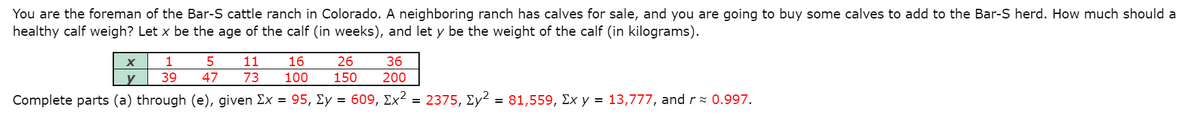 You are the foreman of the Bar-S cattle ranch in Colorado. A neighboring ranch has calves for sale, and you are going to buy some calves to add to the Bar-S herd. How much should a
healthy calf weigh? Let x be the age of the calf (in weeks), and let y be the weight of the calf (in kilograms).
11
16
26
36
y
39
47
73
100
150
200
Complete parts (a) through (e), given Ex = 95, Ey = 609, Ex² = 2375, Ey? = 81,559, Ex y = 13,777, and rz 0.997.
