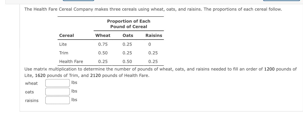 The Health Fare Cereal Company makes three cereals using wheat, oats, and raisins. The proportions of each cereal follow.
Proportion of Each
Pound of Cereal
Oats
0.25
Cereal
Lite
Trim
0.25
0.25
Health Fare
0.50
0.25
Use matrix multiplication to determine the number of pounds of wheat, oats, and raisins needed to fill an order of 1200 pounds of
Lite, 1620 pounds of Trim, and 2120 pounds of Health Fare.
wheat
lbs
oats
lbs
raisins
lbs
Wheat
0.75
0.50
0.25
Raisins
0