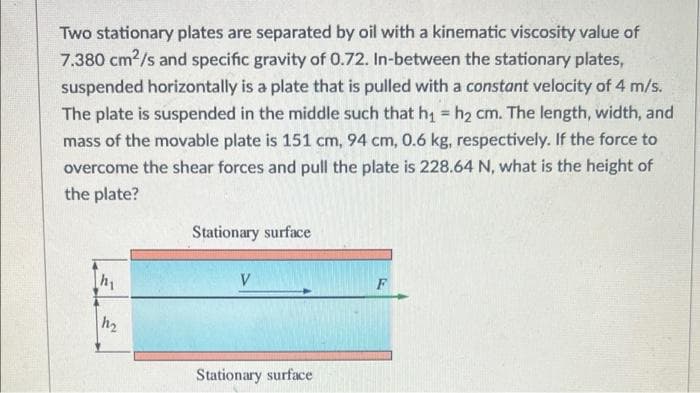 Two stationary plates are separated by oil with a kinematic viscosity value of
7.380 cm2/s and specific gravity of 0.72. In-between the stationary plates,
suspended horizontally is a plate that is pulled with a constant velocity of 4 m/s.
The plate is suspended in the middle such that h = h2 cm. The length, width, and
mass of the movable plate is 151 cm, 94 cm, 0.6 kg, respectively. If the force to
overcome the shear forces and pull the plate is 228.64 N, what is the height of
the plate?
Stationary surface
V
F
h2
Stationary surface
