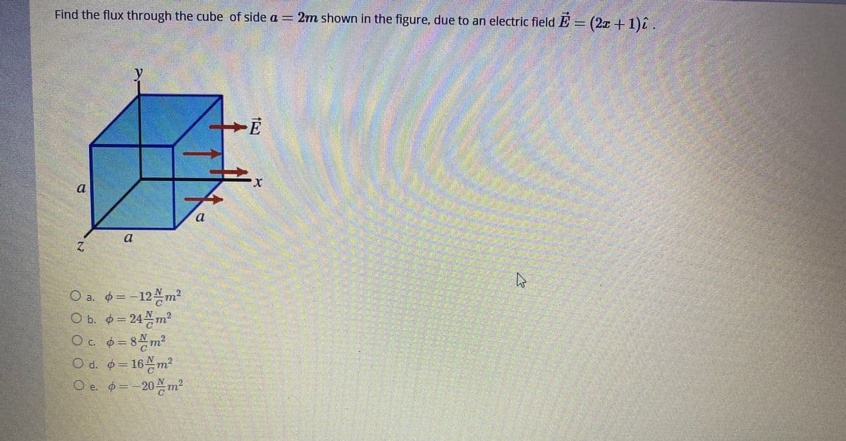 Find the flux through the cube of side a = 2m shown in the figure, due to an electric field E = (2x +1)0.
y
O a. =-12Nm2
O b. = 24 m²
Oc. ¢ = 8 m?
O d. 6= 16 m²
O e. o=-20m²
C.O
2.
2,
