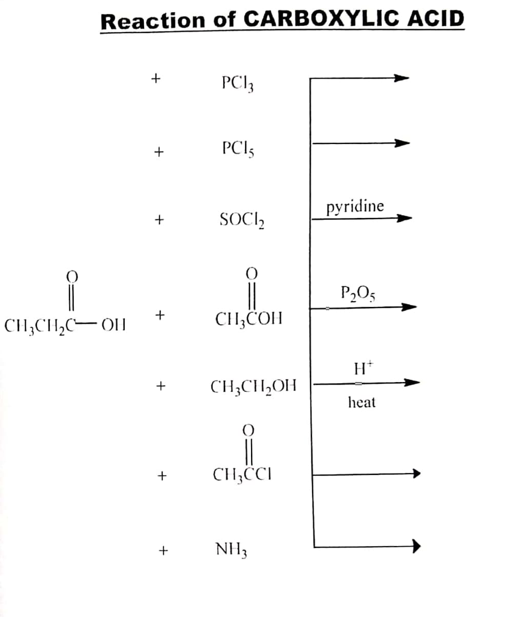 Reaction of CARBOXYLIC ACID
PCI3
PCI5
pyridine
SOCI,
P2O5
CH,CH,C- O|
CH,COH
+
CH;CH,OH
heat
CH,CCI
+
+
NH3
