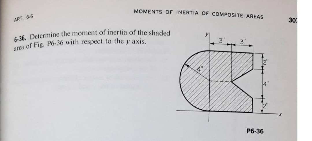 ART. 6-6
OF COMPOSITE AREAS
6-36. Determine the moment of inertia of the shaded
a of Fig. P6-36 with respect to the y axis.
3.
3"
4"
