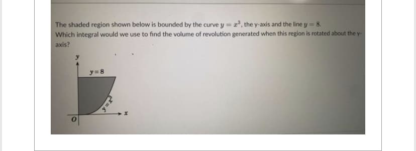 The shaded region shown below is bounded by the curve y=a³, the y-axis and the line y = 8.
Which integral would we use to find the volume of revolution generated when this region is rotated about the y-
axis?
y=8
y=x³