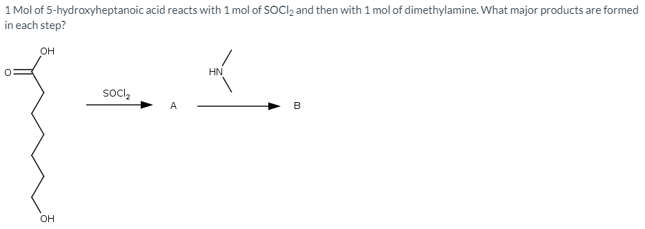 1 Mol of 5-hydroxyheptanoic acid reacts with 1 mol of SOCI2 and then with 1 mol of dimethylamine. What major products are formed
in each step?
OH
HN
socl,
A
в
OH
