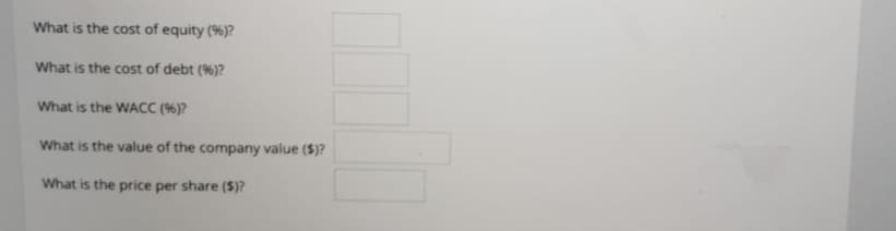 What is the cost of equity (%)?
What is the cost of debt (%)?
What is the WACC (%)?
What is the value of the company value ($)?
What is the price per share ($)?