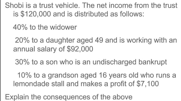 Shobi is a trust vehicle. The net income from the trust
is $120,000 and is distributed as follows:
40% to the widower
20% to a daughter aged 49 and is working with an
annual salary of $92,000
30% to a son who is an undischarged bankrupt
10% to a grandson aged 16 years old who runs a
lemondade stall and makes a profit of $7,100
Explain the consequences of the above