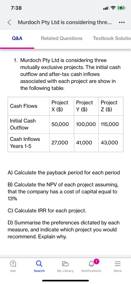 7:38
Murdoch Pty Ltd is considering thre...
Q&A
Cash Flows
1. Murdoch Pty Ltd is considering three
mutually exclusive projects. The initial cash
outflow and after-tax cash inflows
associated with each project are show in
the following table:
Initial Cash
Outflow
Cash Inflows
Years 1-5
Related Questions Textbook Solutio
Ask
Project
X ($)
Q
Search
Project
Y ($)
50,000 100,000 115,000
Project
Z ($)
27,000 41,000 43,000
A) Calculate the payback period for each period
B) Calculate the NPV of each project assuming,
that the company has a cost of capital equal to
13%
C) Calculate IRR for each project.
D) Summarise the preferences dictated by each
measure, and indicate which project you would
recommend. Explain why.
0
...
My Library
Notifications
More
