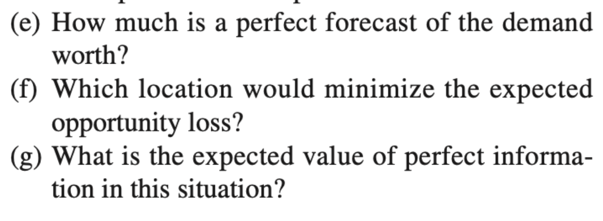 (e) How much is a perfect forecast of the demand
worth?
(f) Which location would minimize the expected
opportunity loss?
(g) What is the expected value of perfect informa-
tion in this situation?
