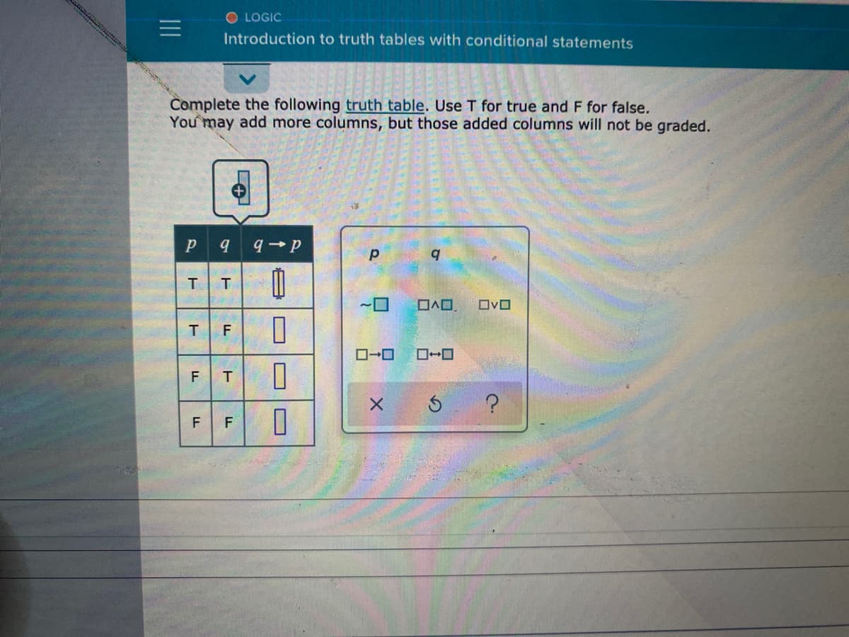O LOGIC
Introduction
truth tables with conditional statements
Complete the following truth table. Use T for true and F for false.
You may add more columns, but those added columns will not be graded.
T
OvO
T.
T
F
O
O
F.
