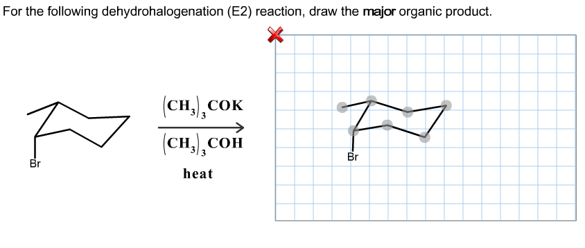 For the following dehydrohalogenation (E2) reaction, draw the major organic product.
(Cн сок
3
(сн), сон
Br
Br
heat
