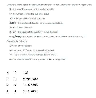 Create the discrete probability distribution for your random variable with the following columns:
X - the possible outcomes of the random variable
f- the number of times the outcomes occur
P(X) = the probability for each outcome
X•P(X) = the product of X and its corresponding probability
X-u- X minus the mean
(X - u? - the square of the quantity X minus the mean
(X - P•P(X) - the product of the square of the quantity X minus the mean and PIX)
Calculate the following:
Ef = sum of the f column
H- the mean of X (round to three decimal places)
o2 - the variance of X (round to three decimal places)
o- the standard deviation of X (round to three decimal places)
X
f
P(X)
2
2
% =0.4000
2
% =0.4000
1
1
% =0.2000
2.
