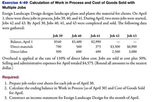 Exercise 4-49 Calculation of Work in Process and Cost of Goods Sold with
Multiple Jobs
Ensign Landscape Design designs landscape plans and plants the material for clients. On April
1, there were three jobs in process, Jobs 39, 40, and 41. During April, two more jobs were started,
Jobs 42 and 43. By April 30, Jobs 40, 41, and 43 were completed and sold. The following data
were gathered:
Job 40
$3.400
Job 39
Job 41
Job 42 Job 43
Balance, April 1
Direct materials
$540
$2.990
700
560
375
$3,500
$6,900
Direct labor
500
600
490
2,500
3,000
Overhead is applied at the rate of 110% of direct labor cost. Jobs are sold at cost plus 30%.
Selling and administrative expenses for April totaled $4,575. (Round all amounts to the nearest
dollar.)
Required:
1. Prepare job-order cost sheets for cach job as of April 30.
2. Calculate the ending balance in Work in Process (as of April 30) and Cost of Goods Sold
for April.
3. Construct an income statement for Ensign Landscape Design for the month of April.
