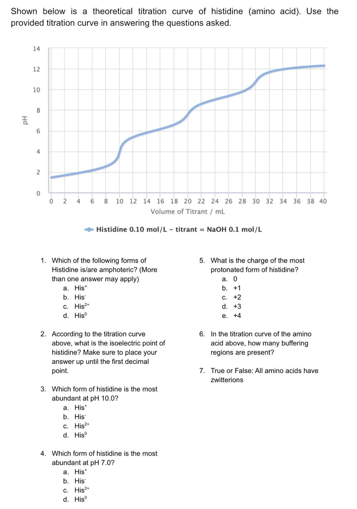 Shown below is a theoretical titration curve of histidine (amino acid). Use the
provided titration curve in answering the questions asked.
Hd
14
12
10
8
6
4
2
0
0 2
4
6
8
10 12 14 16 18 20 22 24 26 28 30 32 34 36 38 40
Volume of Titrant / mL
Histidine 0.10 mol/L - titrant = NaOH 0.1 mol/L
1. Which of the following forms of
Histidine is/are amphoteric? (More
than one answer may apply)
a. Hist
b. His
c. His2+
d. Hiso
2. According to the titration curve
above, what is the isoelectric point of
histidine? Make sure to place your
answer up until the first decimal
point.
3. Which form of histidine is the most
abundant at pH 10.0?
a. Hist
b. His
c. His2+
d. His
c. His2+
d. Hisº
4. Which form of histidine is the most
abundant at pH 7.0?
a. Hist
b. His
5. What is the charge of the most
protonated form of histidine?
a. 0
b. +1
C. +2
d. +3
e. +4
6. In the titration curve of the amino
acid above, how many buffering
regions are present?
7. True or False: All amino acids have
zwitterions