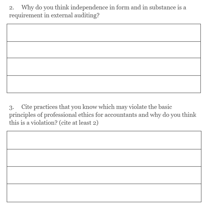 2. Why do you think independence in form and in substance is a
requirement in external auditing?
Cite practices that you know which may violate the basic
principles of professional ethics for accountants and why do you think
this is a violation? (cite at least 2)
