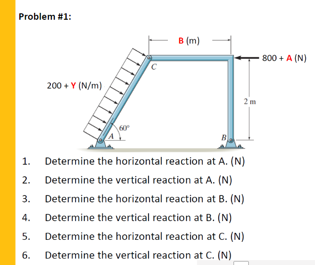Problem #1:
в (m)
800 + A (N)
C
200 + Y (N/m)
2 m
\60°
B.
1.
Determine the horizontal reaction at A. (N)
2.
Determine the vertical reaction at A. (N)
3.
Determine the horizontal reaction at B. (N)
4.
Determine the vertical reaction at B. (N)
5.
Determine the horizontal reaction at C. (N)
6.
Determine the vertical reaction at C. (N)
