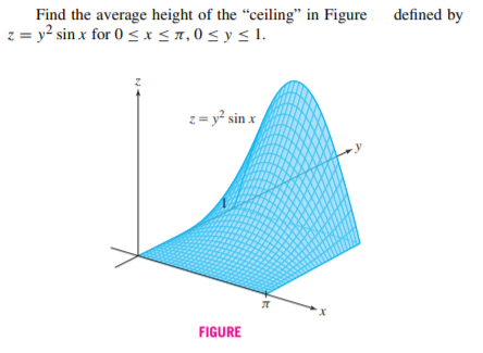 Find the average height of the "ceiling" in Figure defined by
z = y? sin x for 0 <x< 7, 0 < y < 1.
z= y² sin x
FIGURE
