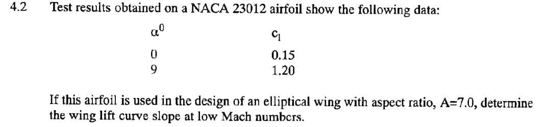4.2
Test results obtained on a NACA 23012 airfoil show the following data:
aº
C₁
0
0.15
9
1.20
If this airfoil is used in the design of an elliptical wing with aspect ratio, A=7.0, determine
the wing lift curve slope at low Mach numbers.