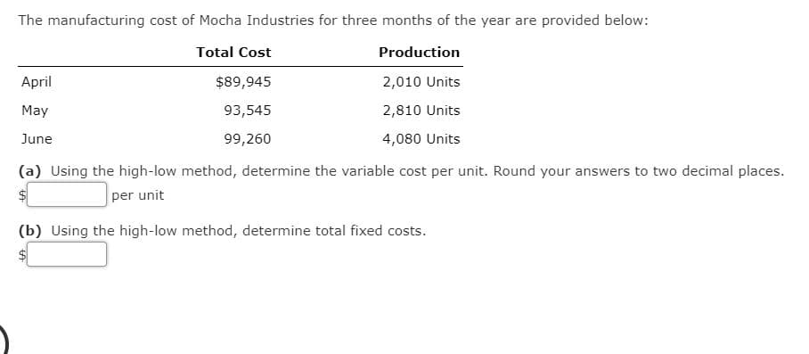 The manufacturing cost of Mocha Industries for three months of the year are provided below:
Total Cost
Production
April
$89,945
2,010 Units
May
93,545
2,810 Units
June
99,260
4,080 Units
(a) Using the high-low method, determine the variable cost per unit. Round your answers to two decimal places.
per unit
(b) Using the high-low method, determine total fixed costs.
%24
