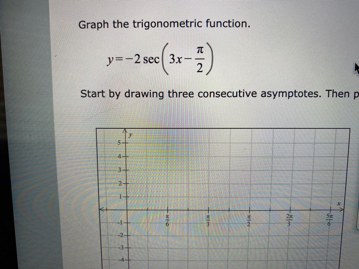 Graph the trigonometric function.
y=-2 sec 3x-
2,
Start by drawing three consecutive asymptotes. Then p
3+
2-
1-
9.
-2-+
3-
