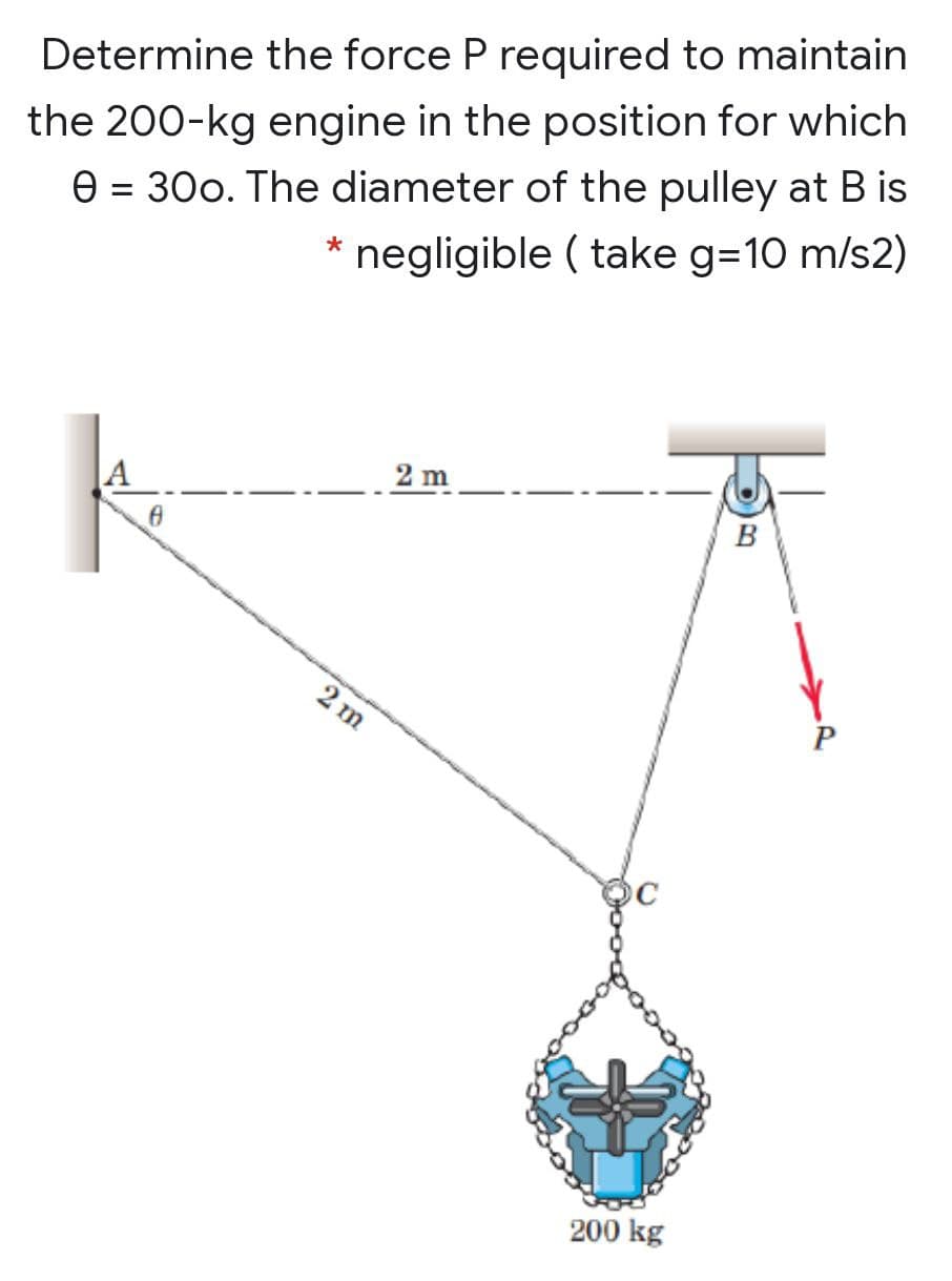 Determine the force P required to maintain
the 200-kg engine in the position for which
= 30o. The diameter of the pulley at B is
negligible ( take g=10 m/s2)
e
2 m
A
B
2 m
200 kg
