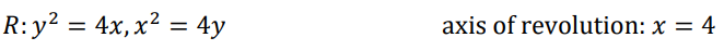 R: y² = 4x, x² = 4y
axis of revolution: x = 4