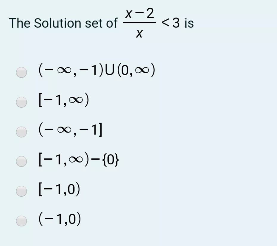 X-2
The Solution set of
<3 is
(-00, - 1)U (0,0)
[-1,0)
(-00,-1]
[-1,00)-{0}
[-1,0)
(-1,0)
