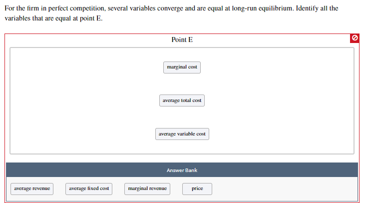 For the firm in perfect competition, several variables converge and are equal at long-run equilibrium. Identify all the
variables that are equal at point E.
Point E
marginal cost
average total cost
average variable cost
Answer Bank
marginal revenue
price
average reveпue
average fixed cost
