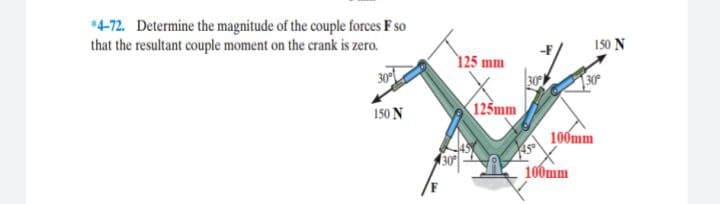 *4-72. Determine the magnitude of the couple forces F so
that the resultant couple moment on the crank is zero.
150 N
125 mm
30
30
125mm
150 N
100mm
100mm

