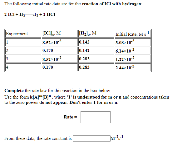 The following initial rate data are for the reaction of ICI with hydrogen:
2 ICI + H,I2 + 2 HC1
[ICI],, M
S.52x10-2
Experiment
[H2]o, M
Initial Rate, M s-!
3.08×10-3
6.14x10-3
1.22x10-2
2.44x10-2
1
0.142
2
0.170
0.142
S.52x10-2
0.283
4
0.170
0.283
Complete the rate law for this reaction in the box below.
Use the form k[A]"B]", where 'l' is understood for m or n and concentrations taken
to the zero power do not appear. Don't enter 1 for m or n.
Rate =
From these data, the rate constant is
