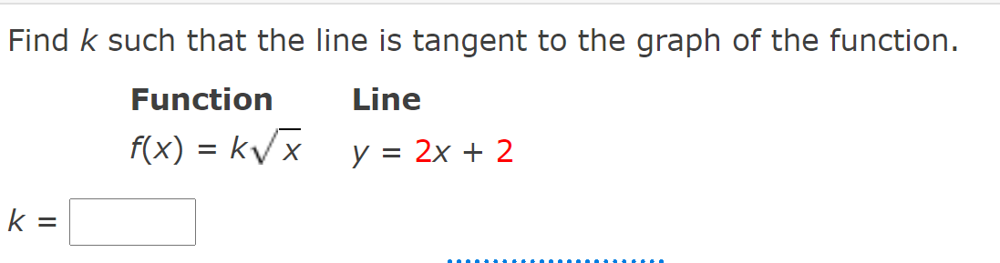 Find k such that the line is tangent to the graph of the function.
Function
Line
f(x) = kVx
y = 2x + 2
k =

