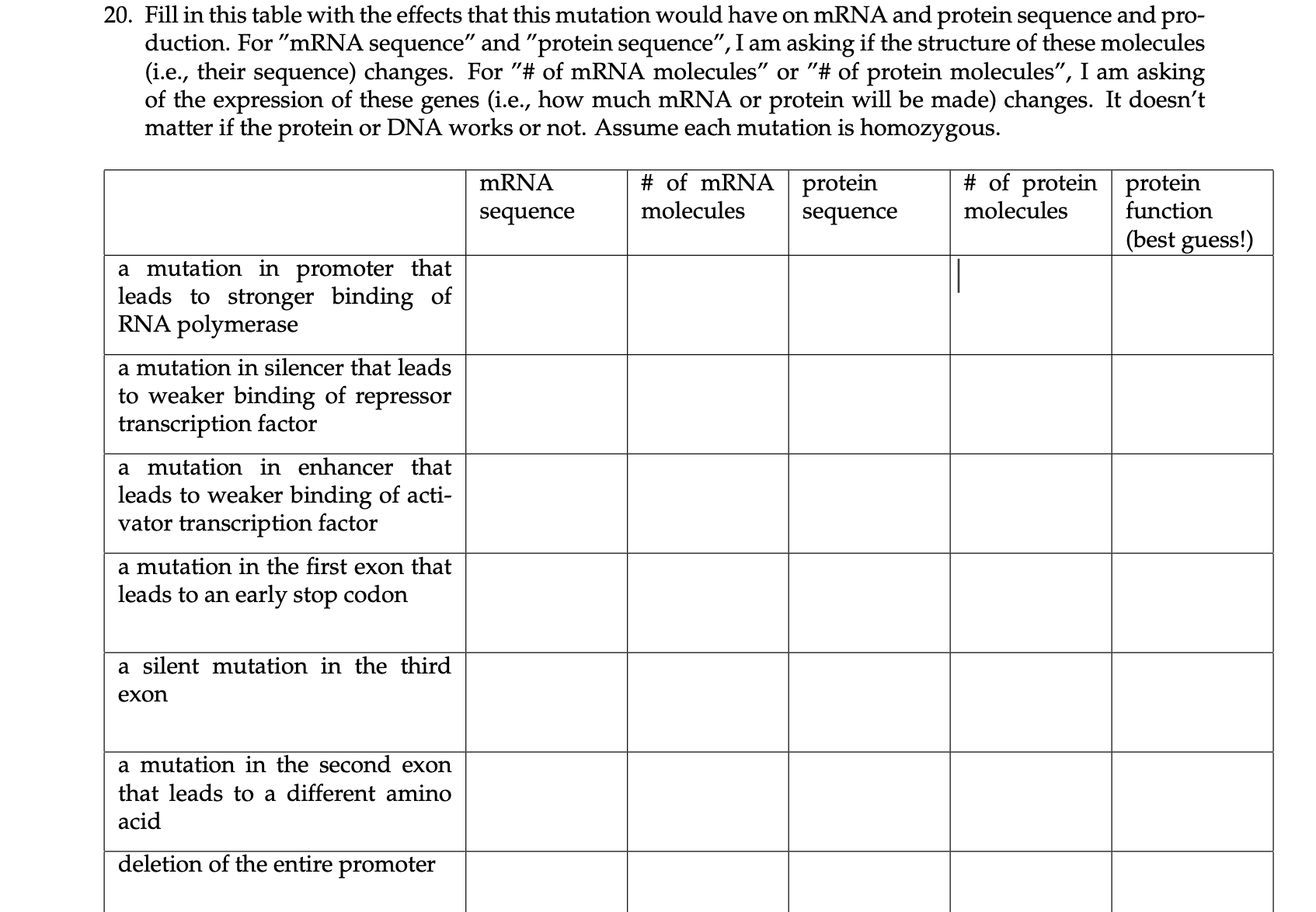 20. Fill in this table with the effects that this mutation would have on mRNA and protein sequence and pro-
duction. For "MRNA sequence" and "protein sequence", I am asking if the structure of these molecules
(i.e., their sequence) changes. For "# of mRNA molecules" or "# of protein molecules", I am asking
of the expression of these genes (i.e., how much mRNA or protein will be made) changes. It doesn't
matter if the protein or DNA works or not. Assume each mutation is homozygous.
# of mRNA protein
# of protein protein
molecules
mRNA
sequence
molecules
sequence
function
(best guess!)
a mutation in promoter that
leads to stronger binding of
RNA polymerase
a mutation in silencer that leads
to weaker binding of repressor
transcription factor
a mutation in enhancer that
leads to weaker binding of acti-
vator transcription factor
