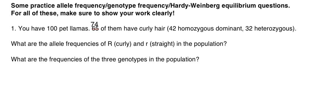 Some practice allele frequency/genotype frequency/Hardy-Weinberg equilibrium questions.
For all of these, make sure to show your work clearly!
1. You have 100 pet llamas. 65 of them have curly hair (42 homozygous dominant, 32 heterozygous).
What are the allele frequencies of R (curly) and r (straight) in the population?
What are the frequencies of the three genotypes in the population?
