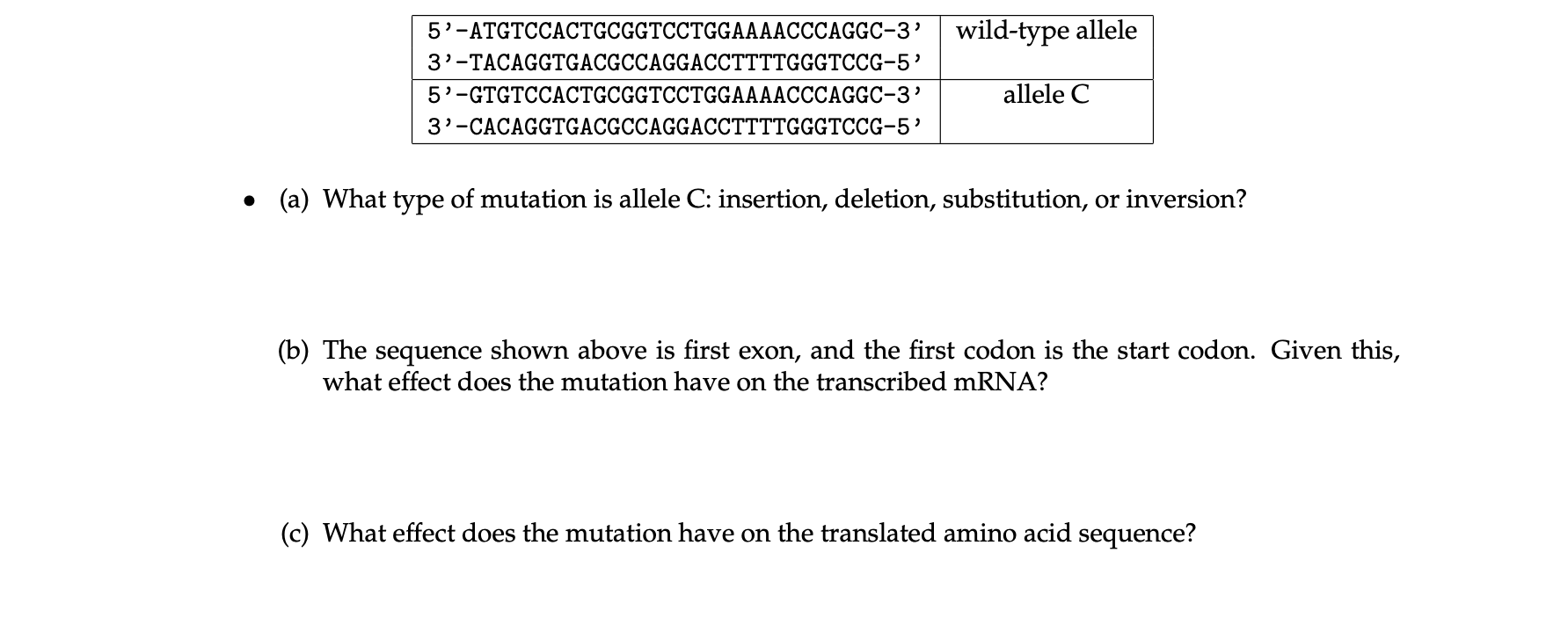 5'-ATGTCCACTGCGGTCCTGGAAAACCCAGGC-3’
wild-type allele
3'-TACAGGTGACGCCAGGACCTTTTGGGTCCG-5’
5'-GTGTCCACTGCGGTCCTGGAAAACCCAGGC-3’
allele C
3'-CACAGGTGACGCCAGGACCTTTTGGGTCCG-5’
• (a) What type of mutation is allele C: insertion, deletion, substitution, or inversion?
(b) The sequence shown above is first exon, and the first codon is the start codon. Given
what effect does the mutation have on the transcribed mRNA?
(c) What effect does the mutation have on the translated amino acid sequence?
