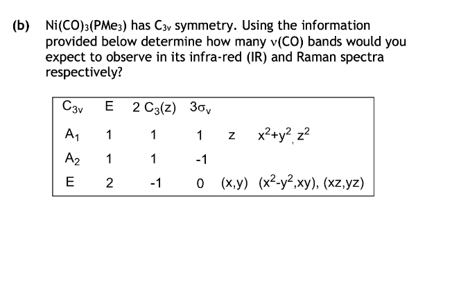 (b) Ni(CO) 3 (PMe3) has C3, symmetry. Using the information
provided below determine how many v(CO) bands would you
expect to observe in its infra-red (IR) and Raman spectra
respectively?
C3v
E
2 C3(z) 30v
A₁ 1
1
1 z x²+y² z²
A₂
1
1
-1
E
2
-1
0 (x,y) (x²-y²,xy), (xz,yz)