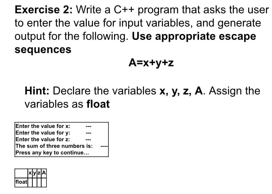 Exercise 2: Write a C++ program that asks the user
to enter the value for input variables, and generate
output for the following. Use appropriate escape
sequences
A=x+y+z
Hint: Declare the variables x, y, z, A. Assign the
variables as float
Enter the value for x:
Enter the value for y:
Enter the value for z:
The sum of three numbers is:
Press any key to continue...
---
xyzA
float
