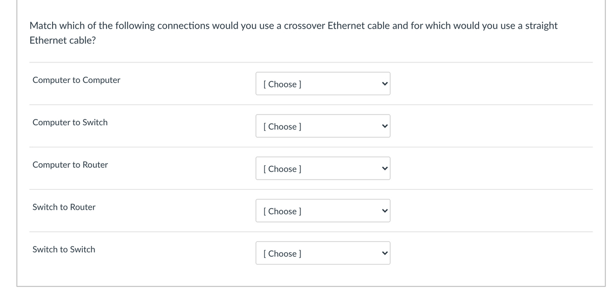 Match which of the following connections would you use a crossover Ethernet cable and for which would you use a straight
Ethernet cable?
Computer to Computer
[ Choose ]
Computer to Switch
[ Choose ]
Computer to Router
[ Choose ]
Switch to Router
[ Choose ]
Switch to Switch
[ Choose ]
>
>
