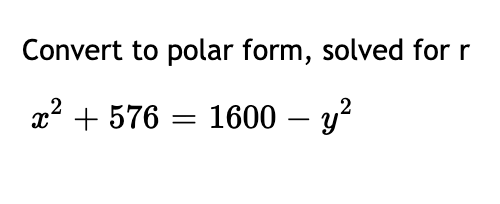 Convert to polar form, solved for r
x2 + 576 = 1600 – y?

