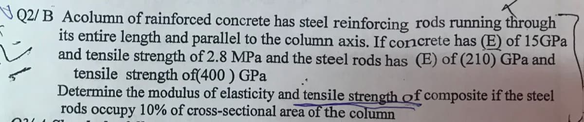 Q2/B Acolumn of rainforced concrete has steel reinforcing rods running through
its entire length and parallel to the column axis. If concrete has (E) of 15GPa
and tensile strength of 2.8 MPa and the steel rods has (E) of (210) GPa and
tensile strength of(400) GPa
Determine the modulus of elasticity and tensile strength of composite if the steel
rods occupy 10% of cross-sectional area of the column
021
21