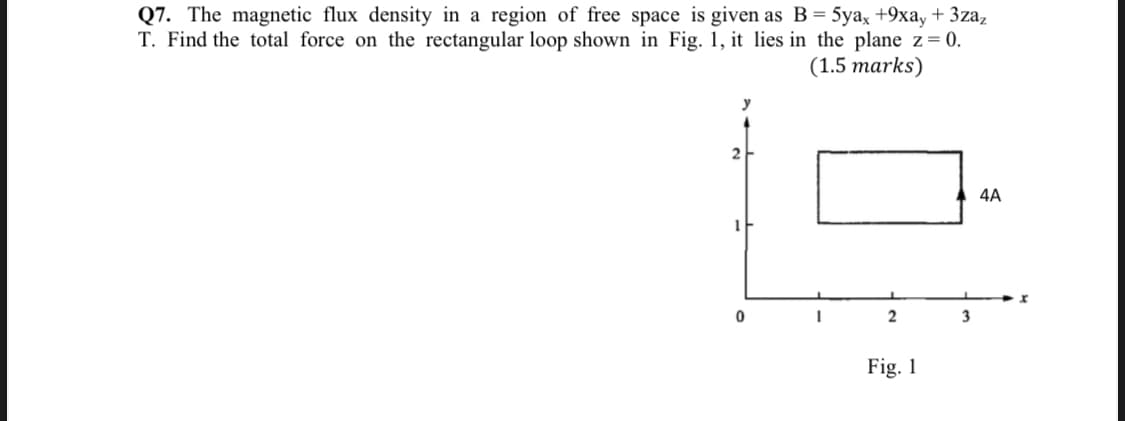 Q7. The magnetic flux density in a region of free space is given as B = 5ya, +9xay + 3za,
T. Find the total force on the rectangular loop shown in Fig. 1, it lies in the plane z= 0.
(1.5 marks)
2
4A
2
3
Fig. 1
