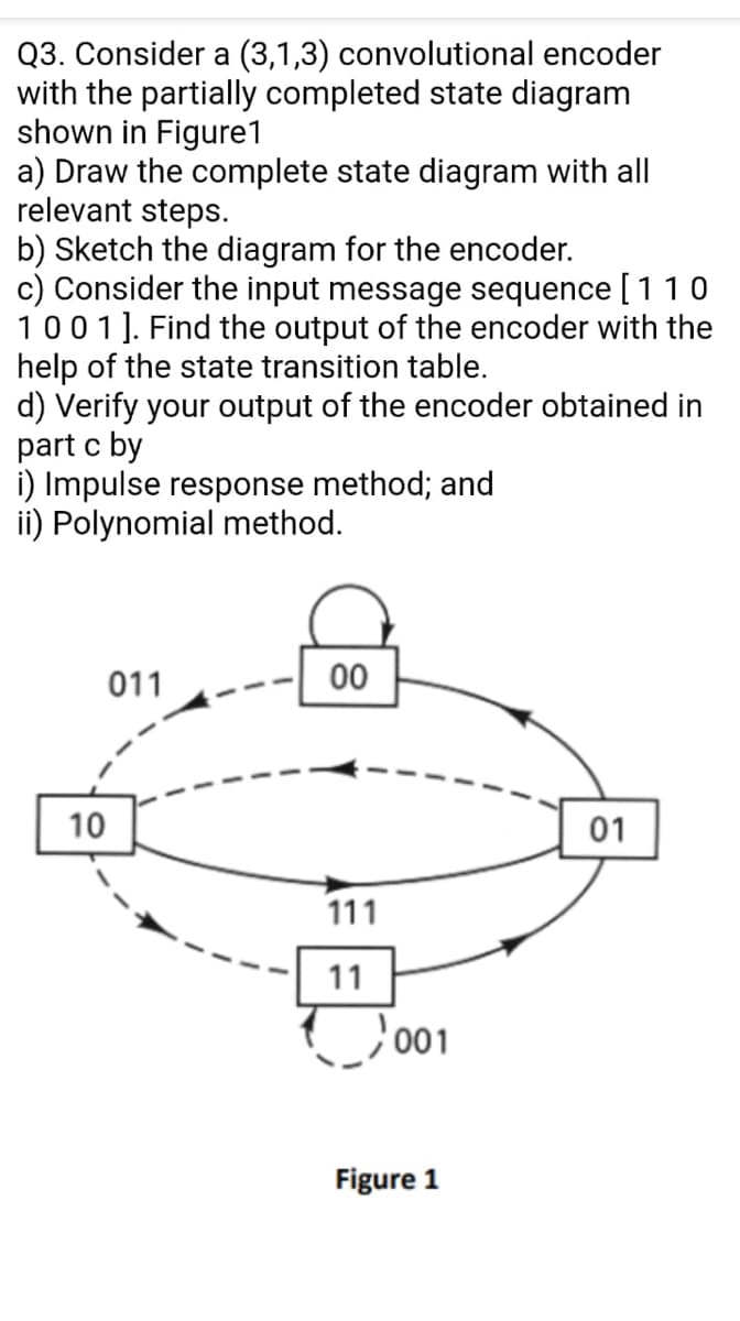 Q3. Consider a (3,1,3) convolutional encoder
with the partially completed state diagram
shown in Figure1
a) Draw the complete state diagram with all
relevant steps.
b) Sketch the diagram for the encoder.
c) Consider the input message sequence [110
1001]. Find the output of the encoder with the
help of the state transition table.
d) Verify your output of the encoder obtained in
part c by
i) Impulse response method; and
ii) Polynomial method.
011
00
10
01
111
11
001
Figure 1
