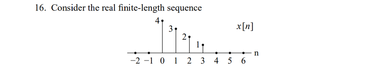 16. Consider the real finite-length sequence
x[n]
-2 -1 0 1 2 3
4
5
6.
