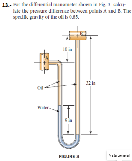 13.- For the differential manometer shown in Fig. 3 calcu-
late the pressure difference between points A and B. The
specific gravity of the oil is 0.85.
10 in
32 in
Oil
Water-
9 in
FIGURE 3
Vista general
