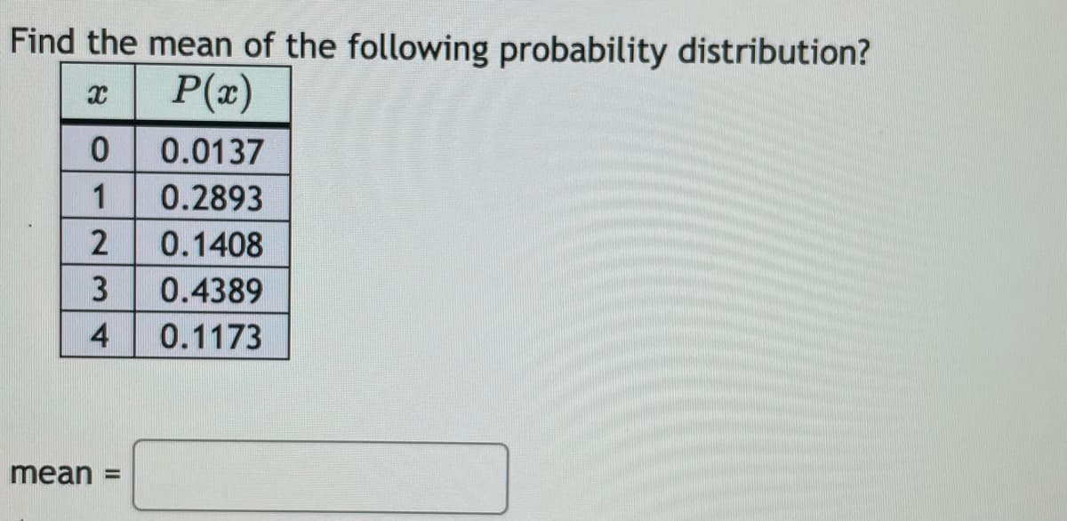 Find the mean of the following probability distribution?
P(x)
0.0137
1
0.2893
0.1408
3
0.4389
4
0.1173
mean
