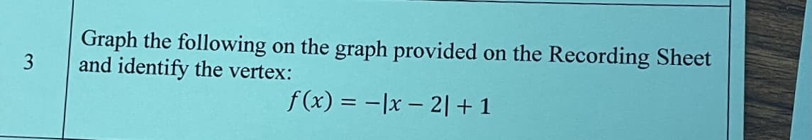 Graph the following
and identify the vertex:
on the graph provided
on the Recording Sheet
3
f(x) = -|x – 2| + 1
