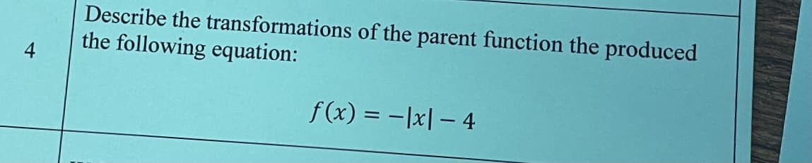 Describe the transformations of the parent function the produced
the following equation:
4
f(x) = -|x| - 4
